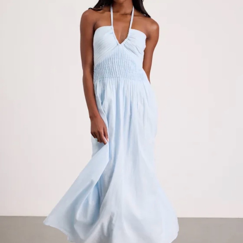 Kylene Light Blue Pleated Halter
Maxi Dress